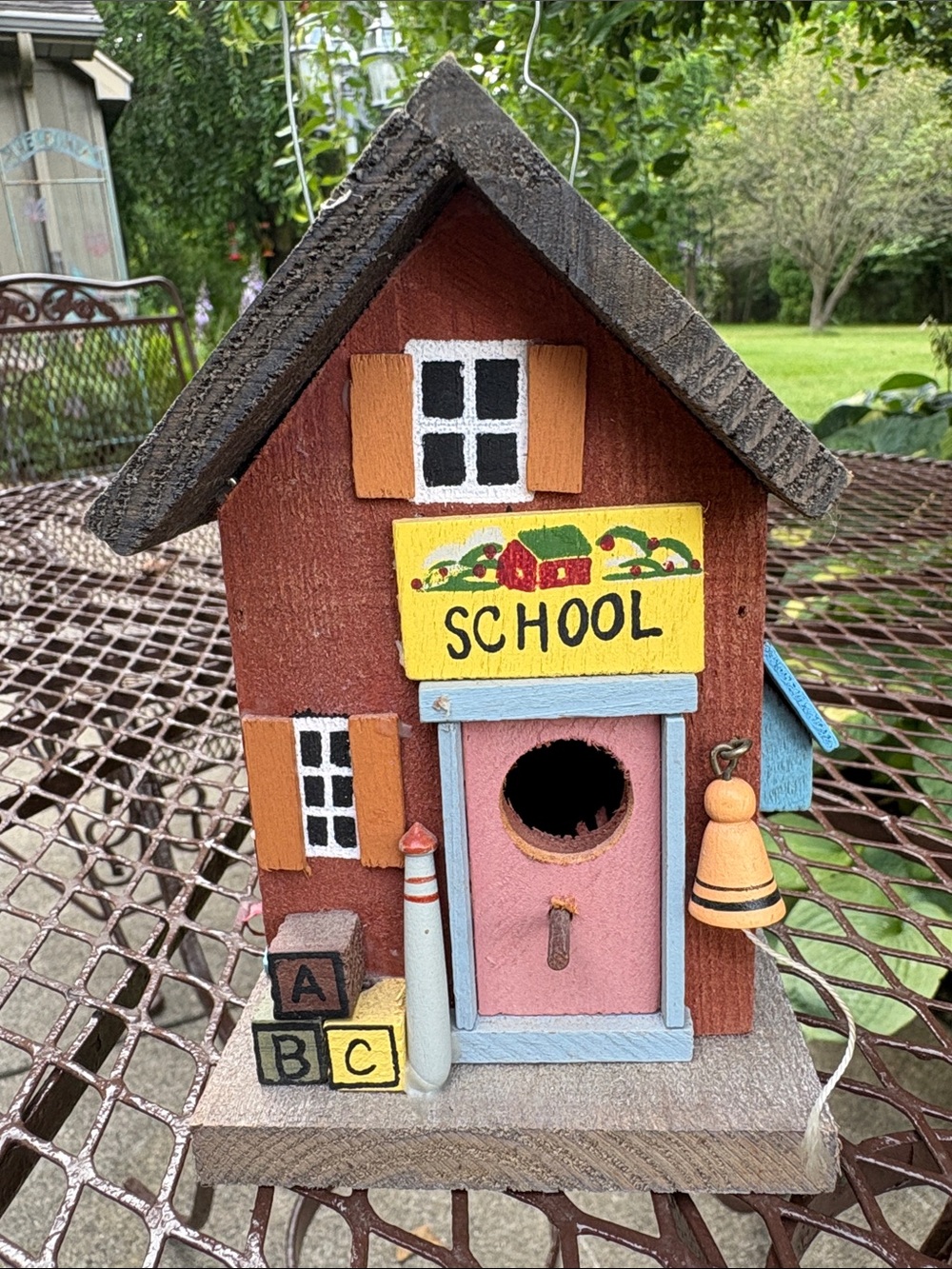 Decorative wooden School Birdhouse .  Maybe displayed inside or out.